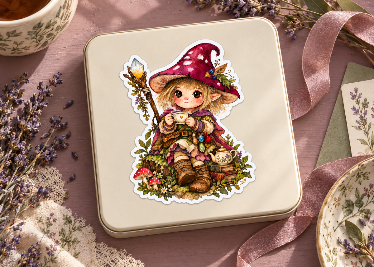The Little Cottage Witch’s Tea Break sticker on a cream stationery tin in a styled overhead view, with its gold heart detail.