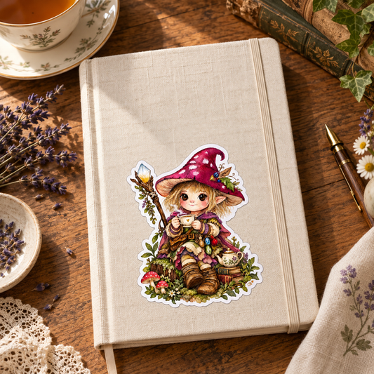 Cottage Witch tea break sticker on a cream journal beside tea, lavender and books.