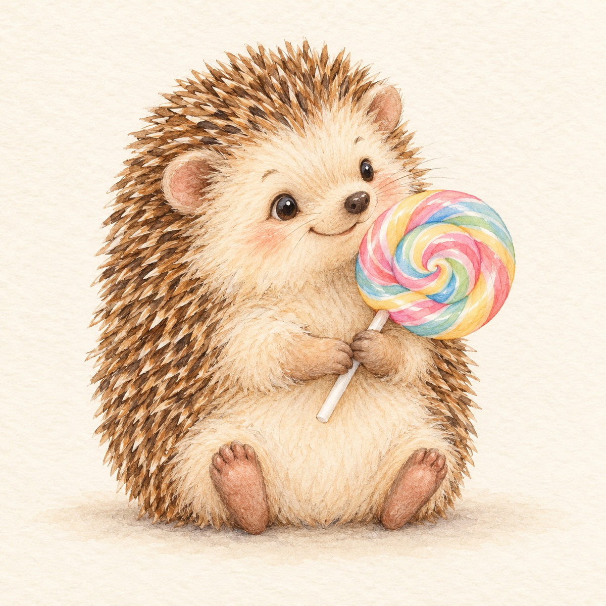 A little watercolor hedgehog holding a pastel rainbow lollipop.