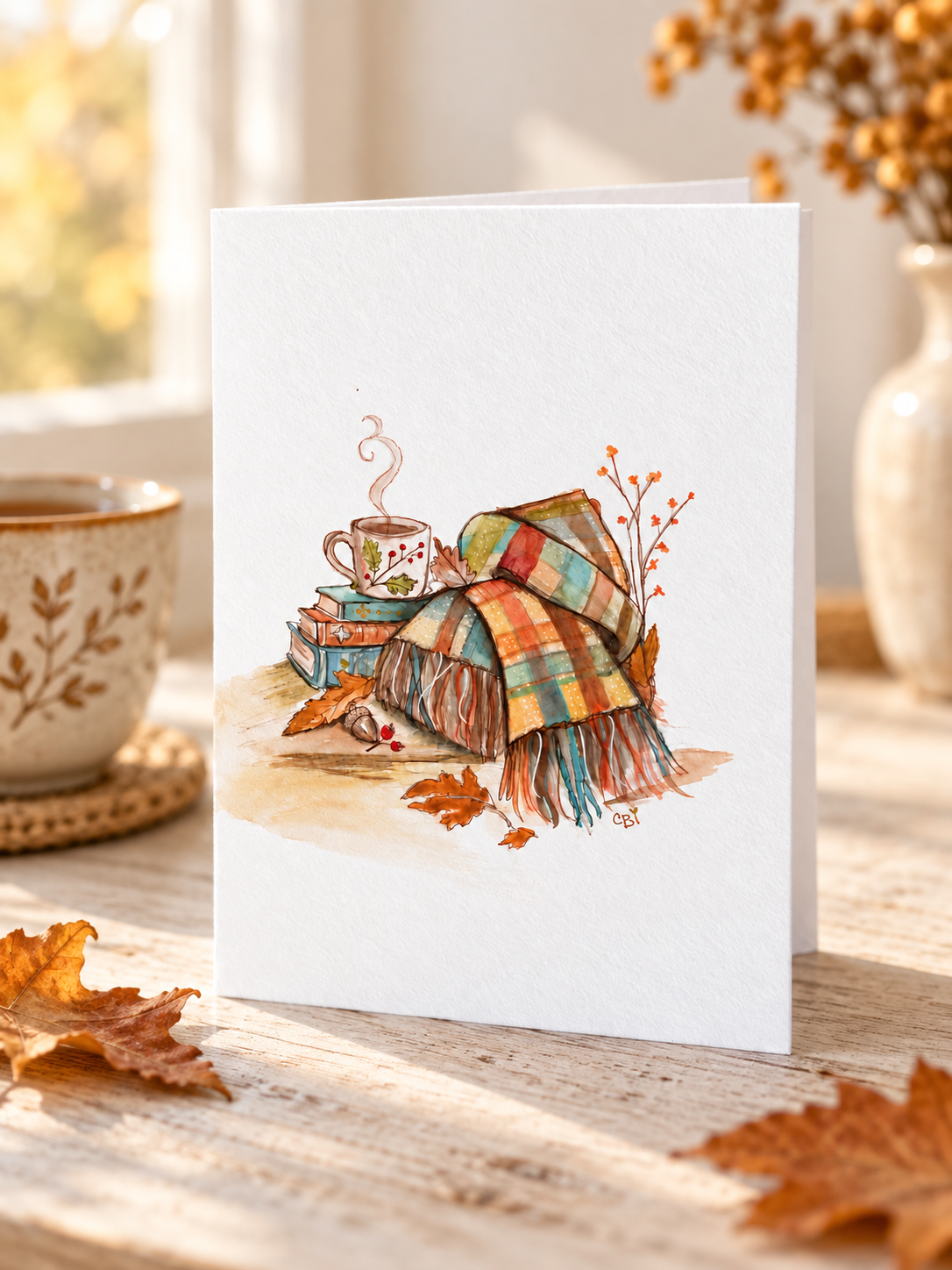 Tea, books, and patchwork blankets greeting card in a cozy autumn tabletop scene
