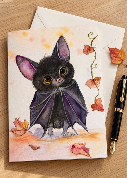 Batinsky greeting card and ivory envelope on an oak desk beside a black fountain pen.