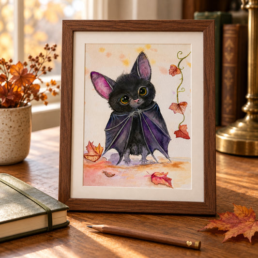 Batinsky print in a walnut frame on a writing desk beside an olive notebook, pencil and autumn leaves.