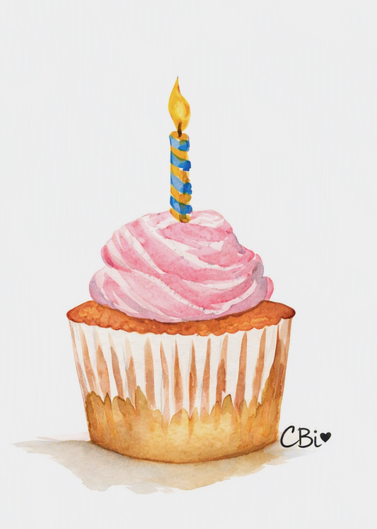 Watercolor birthday cupcake with pink frosting and one lit candle