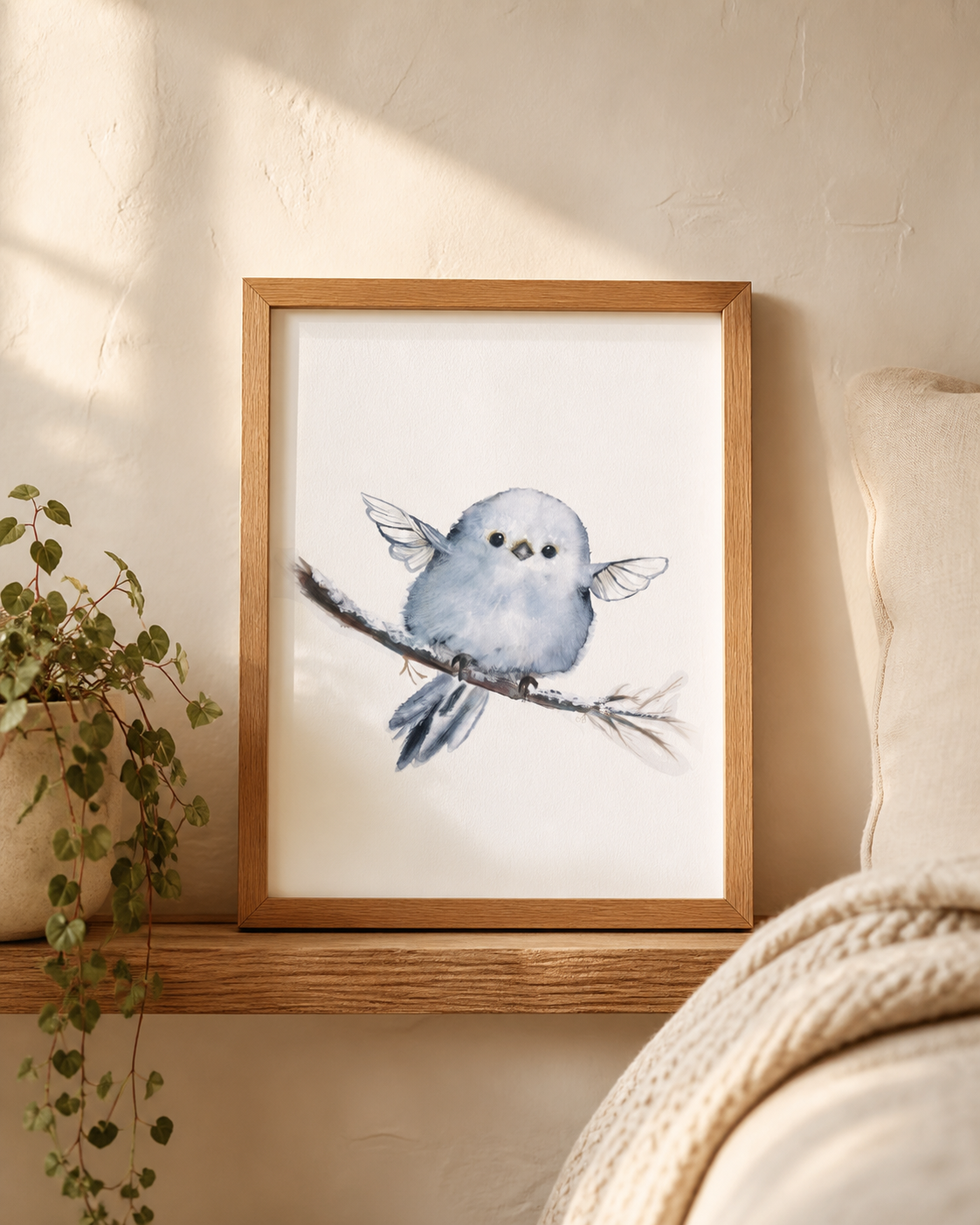 Blue Fairy Nestling art print displayed on a sunlit cottage wall above a wooden shelf with a trailing plant.