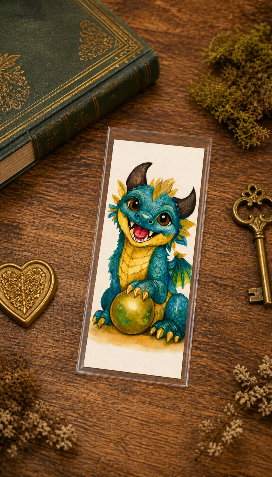 Brightwing Glimmerdrake art bookmark displayed flat in a clear protective sleeve on a warm cottage writing table beside a closed book, moss, antique key, and gold heart seal.