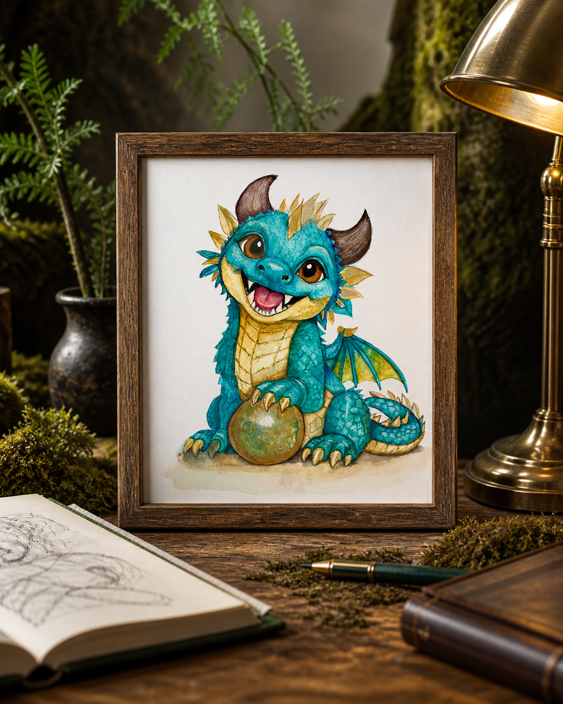 Brightwing art print displayed on a mossy forest-inspired writing desk with a brass lamp and sketchbook.