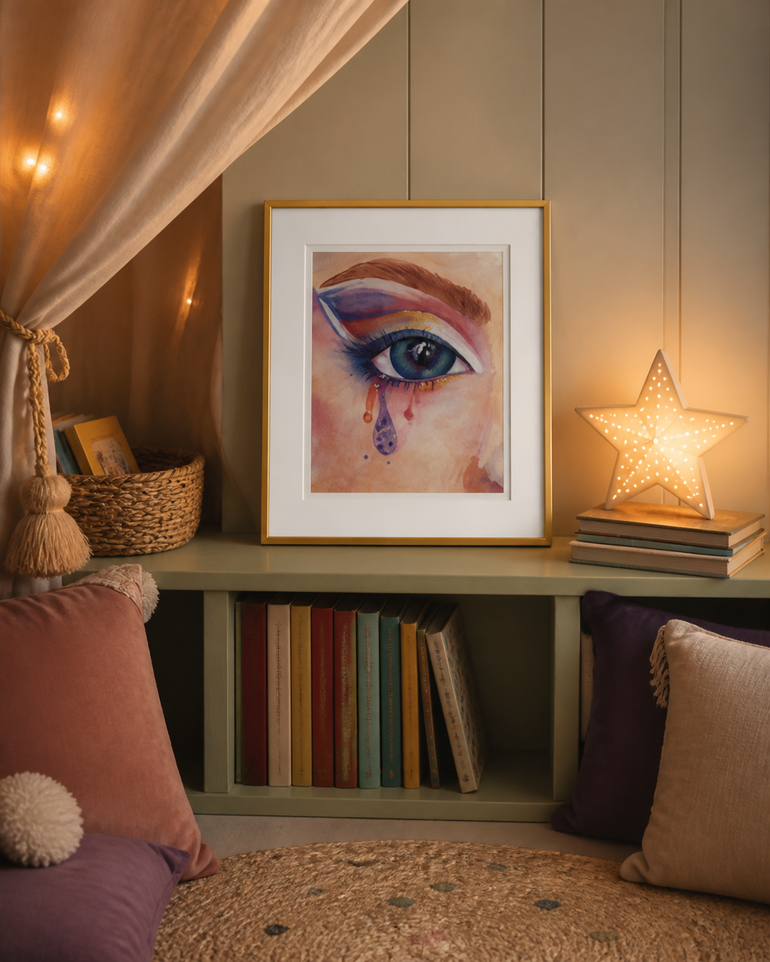Dreams in Glitter art print displayed in a warm children’s reading nook with books, cushions, and a softly glowing star lamp.