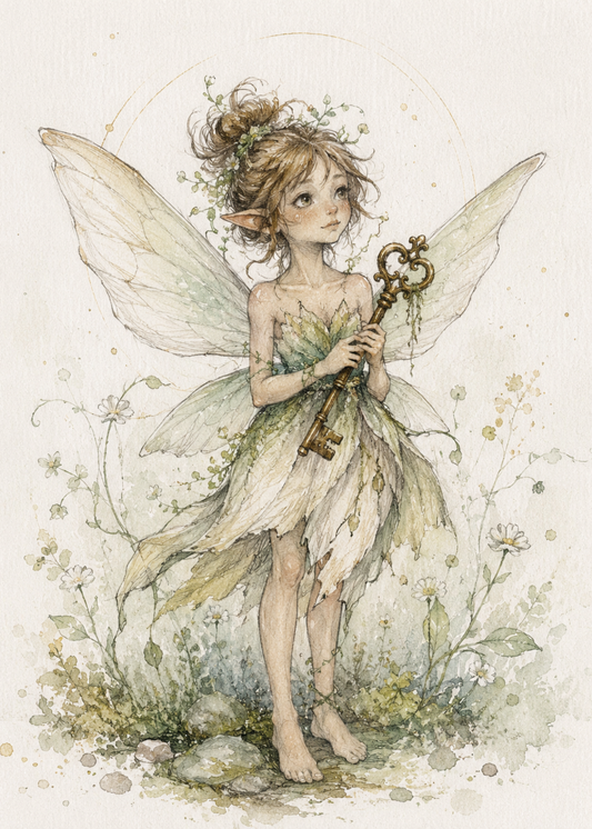 Oona, a watercolor fairy with pale green wings, holding an ornate golden key