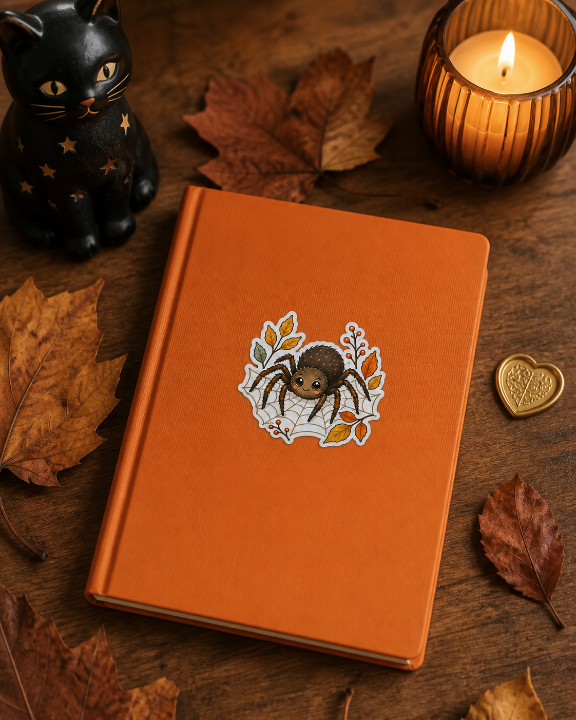 Fall Spider sticky vinyl sticker shown at approximately 2.25 inches tall on a full-size pumpkin-orange hard-cover journal with a ceramic black cat, autumn leaves, a gold heart, and candlelight.