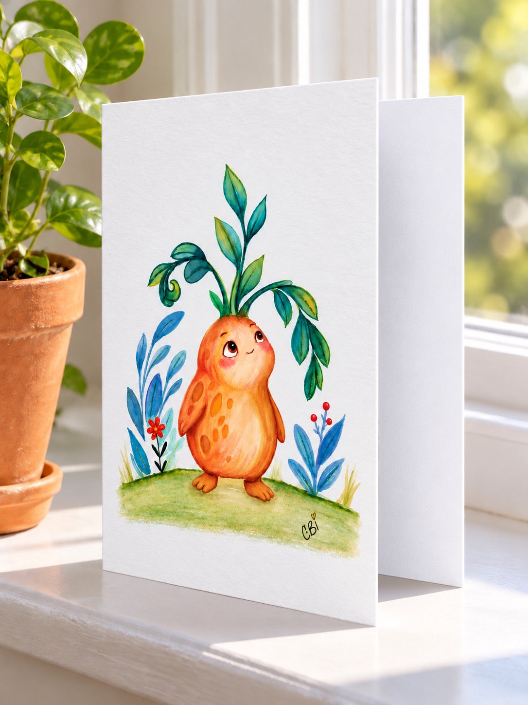 Figment greeting card with artwork inset within white margins and a simple left-side fold, on a windowsill beside a potted plant.