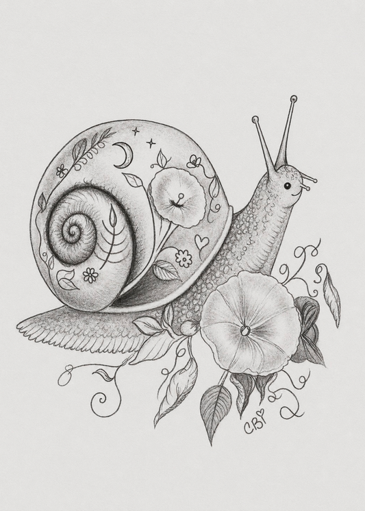 Whimsical snail with a moon and flowers decorating its shell in an original graphite sketch