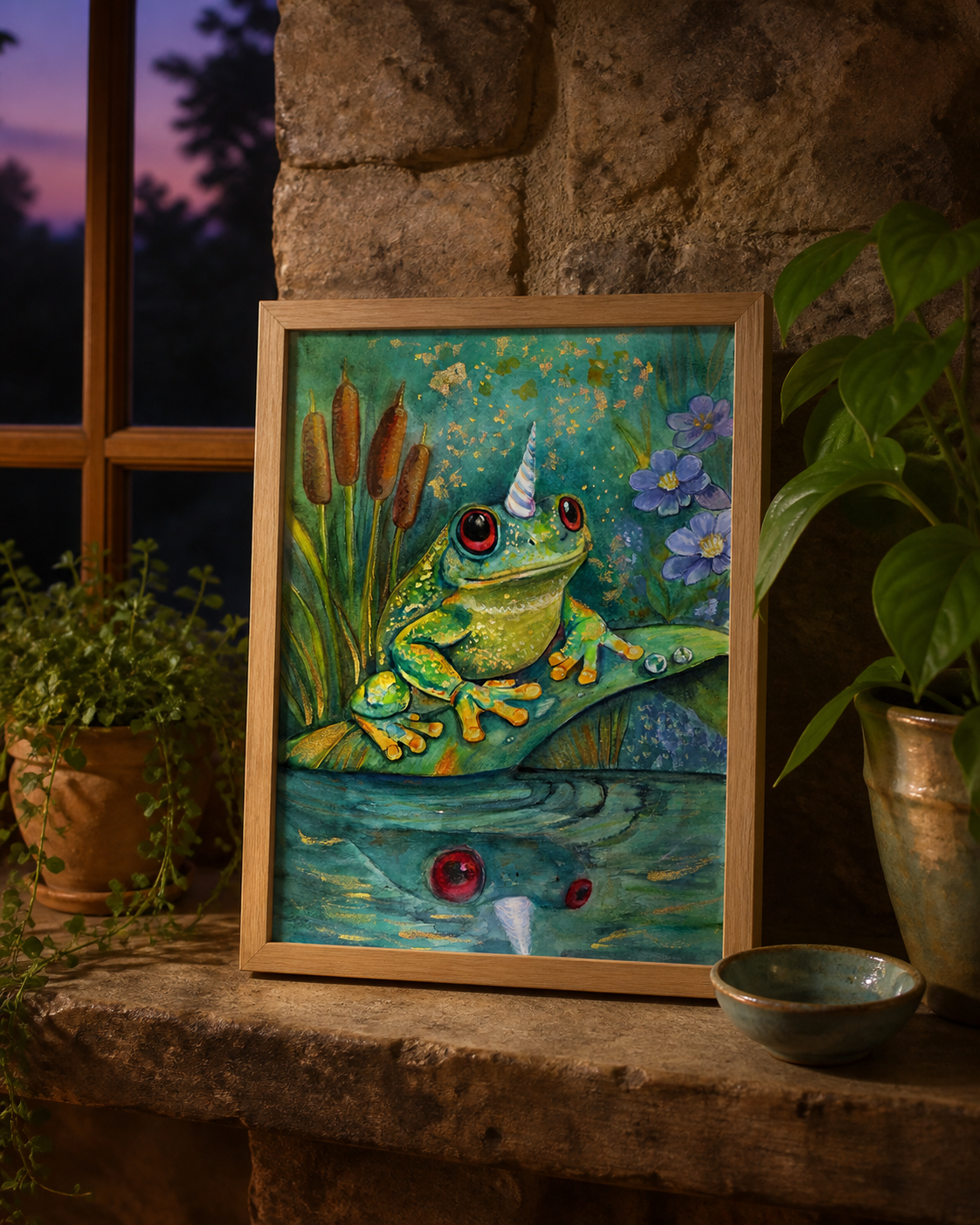 Froggicorn art print displayed on a twilight cottage mantel with plants and a small ceramic bowl.
