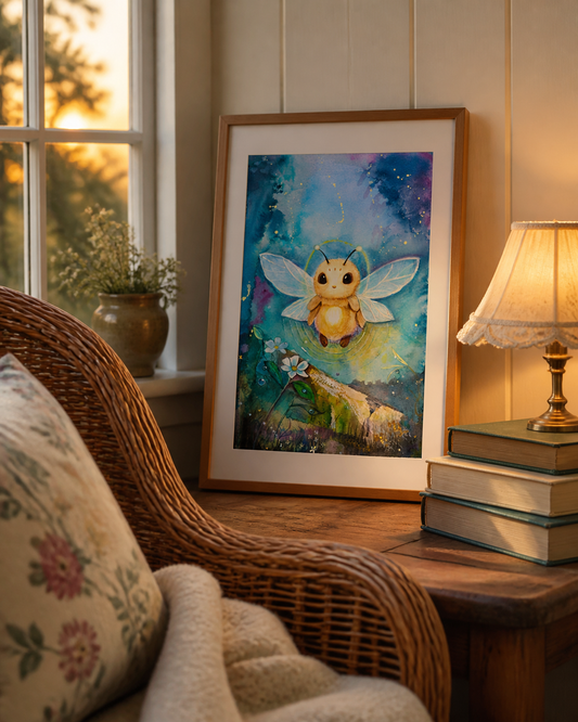Glowmorrow art print displayed in a cozy cottage reading nook beside a woven chair, books, and warm evening light.