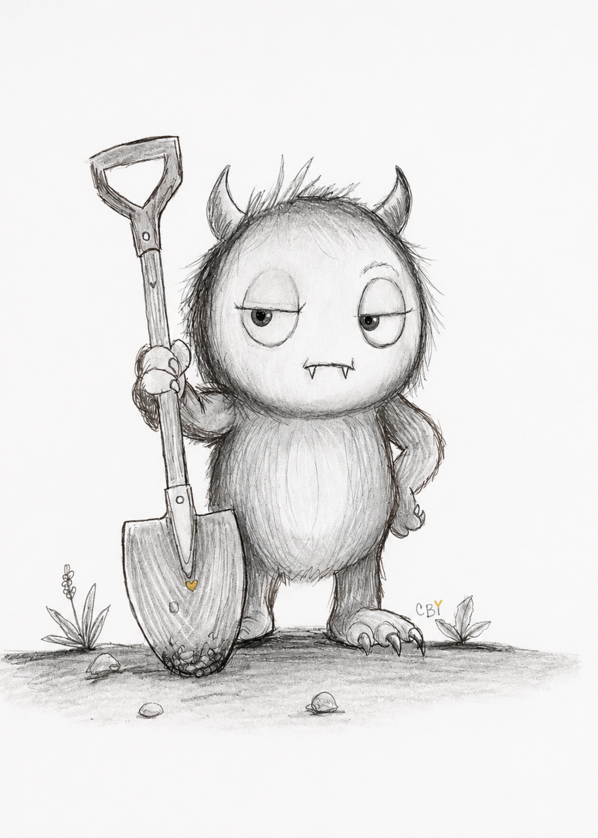 Grumble, a horned garden creature standing beside a shovel in an original graphite sketch