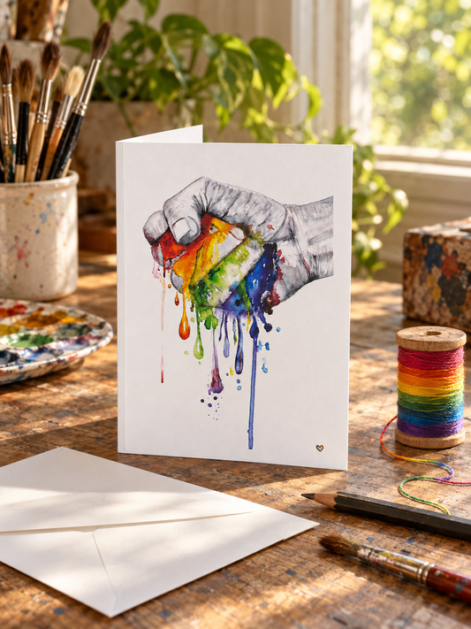 Irrepressible greeting card and envelope on an artist’s desk