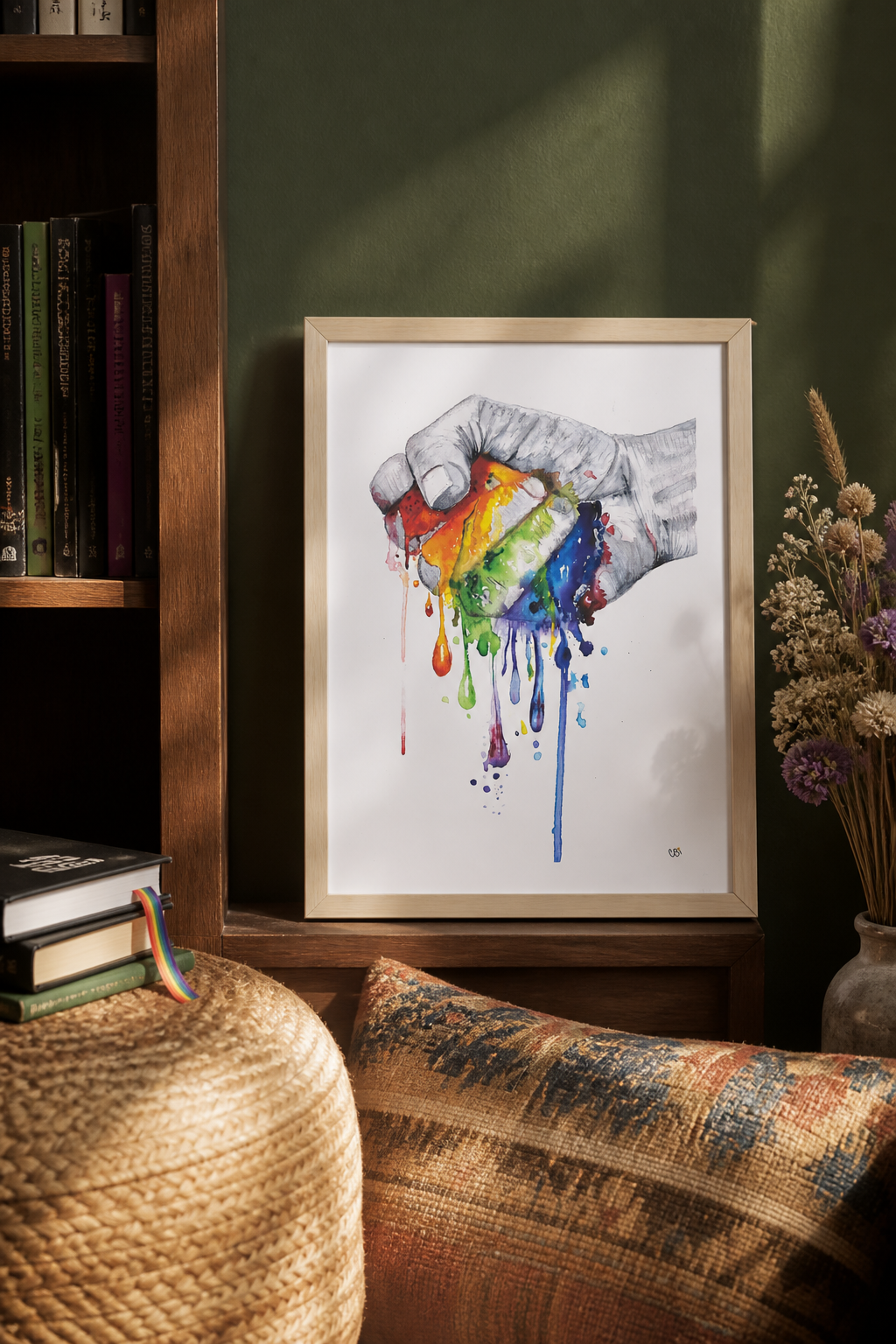 Irrepressible art print displayed in a moss-green library alcove with books, dried flowers, a woven cushion, and a rainbow ribbon bookmark.