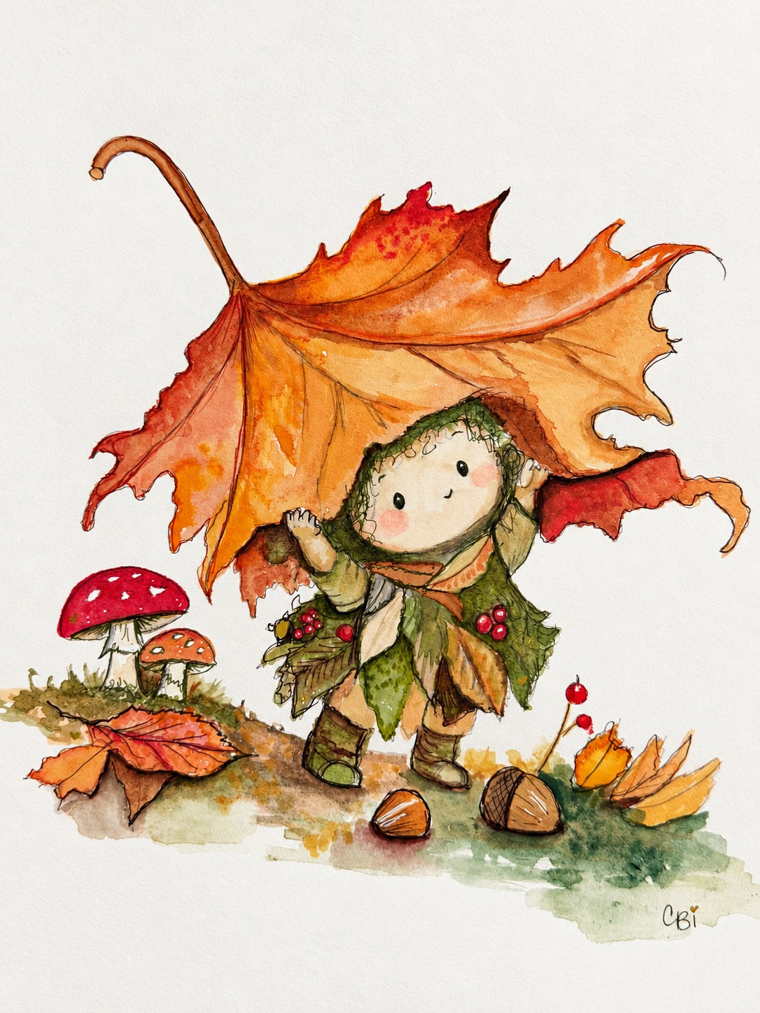 Marigold, a small woodland imp, holds an enormous orange leaf umbrella beside mushrooms, acorns, and autumn leaves.
