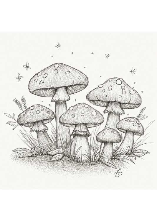 Cluster of spotted woodland mushrooms with tiny stars and butterflies in an original ink sketch
