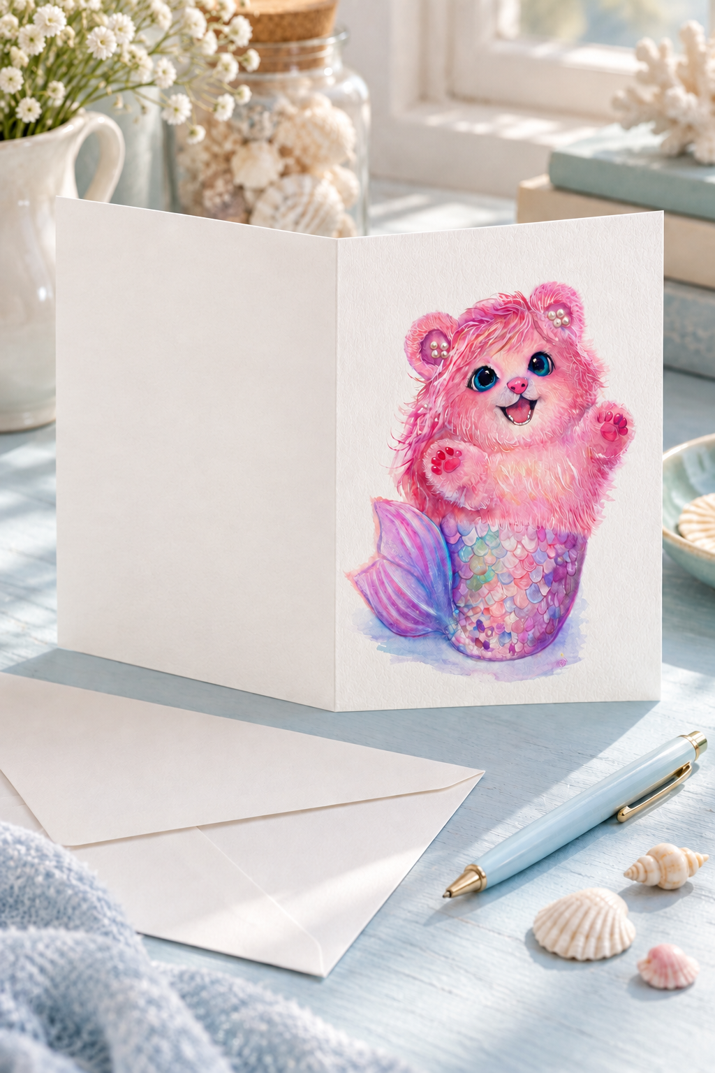 Pearl Mermaid Bear greeting card opened flat to show the blank inside and illustrated cover