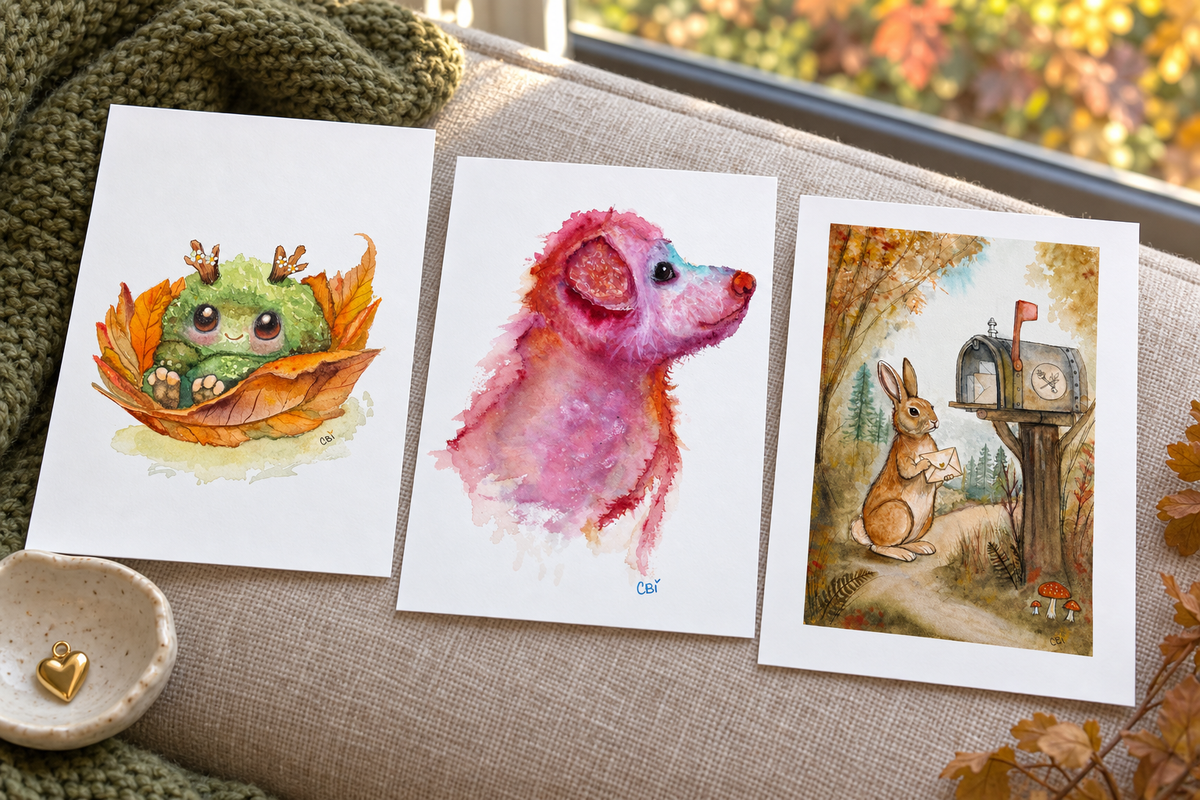 Fall Mossling, Pupkin, and Birch mini prints resting on a linen window seat beside a green knitted throw.