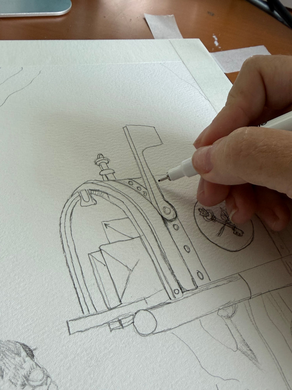 The artist’s hand draws the flag of a woodland mailbox containing letters.