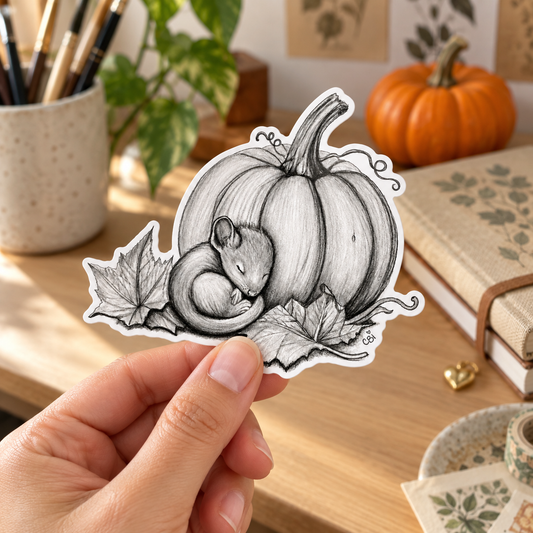 Sleeping Mouse and Pumpkin sticker held above an autumn artist desk with a pumpkin and journal.