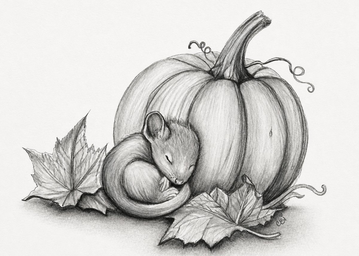 Sleeping mouse curled beside a pumpkin and autumn leaves in an original graphite sketch