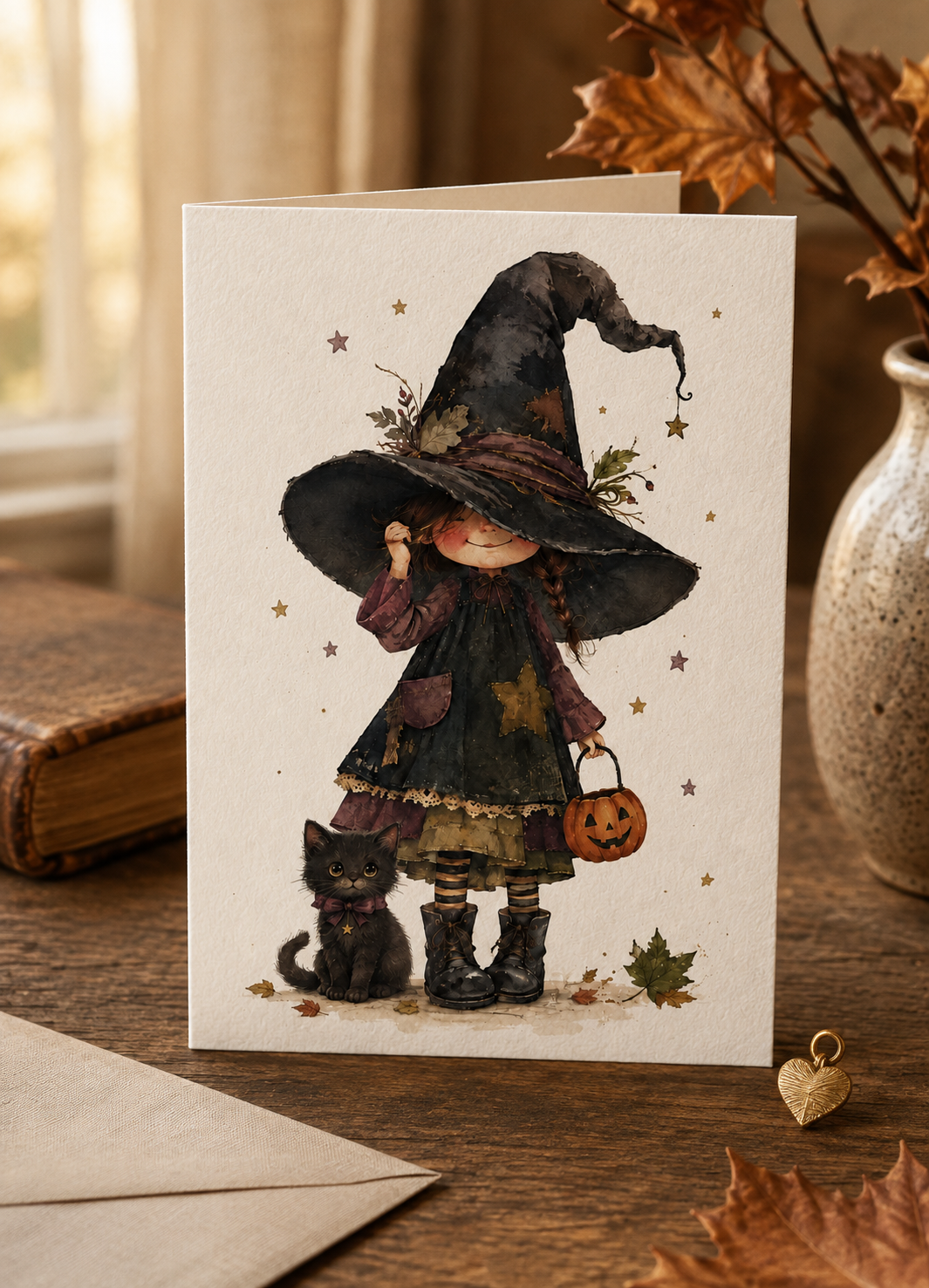 Folded Violet greeting card with envelope on a warm cottage desk, featuring a watercolor young witch and her black cat in an autumn scene.