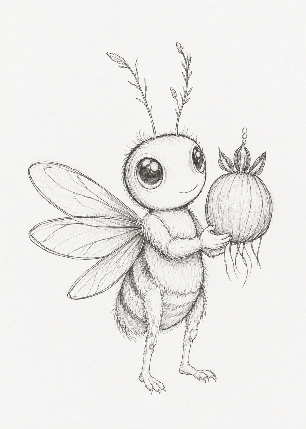 Bzzzlet, a wide-eyed winged garden creature carrying a round root in an original graphite sketch