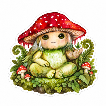 Pippin beneath a red mushroom cap, surrounded by moss and ferns, with a gold heart under a leaf.