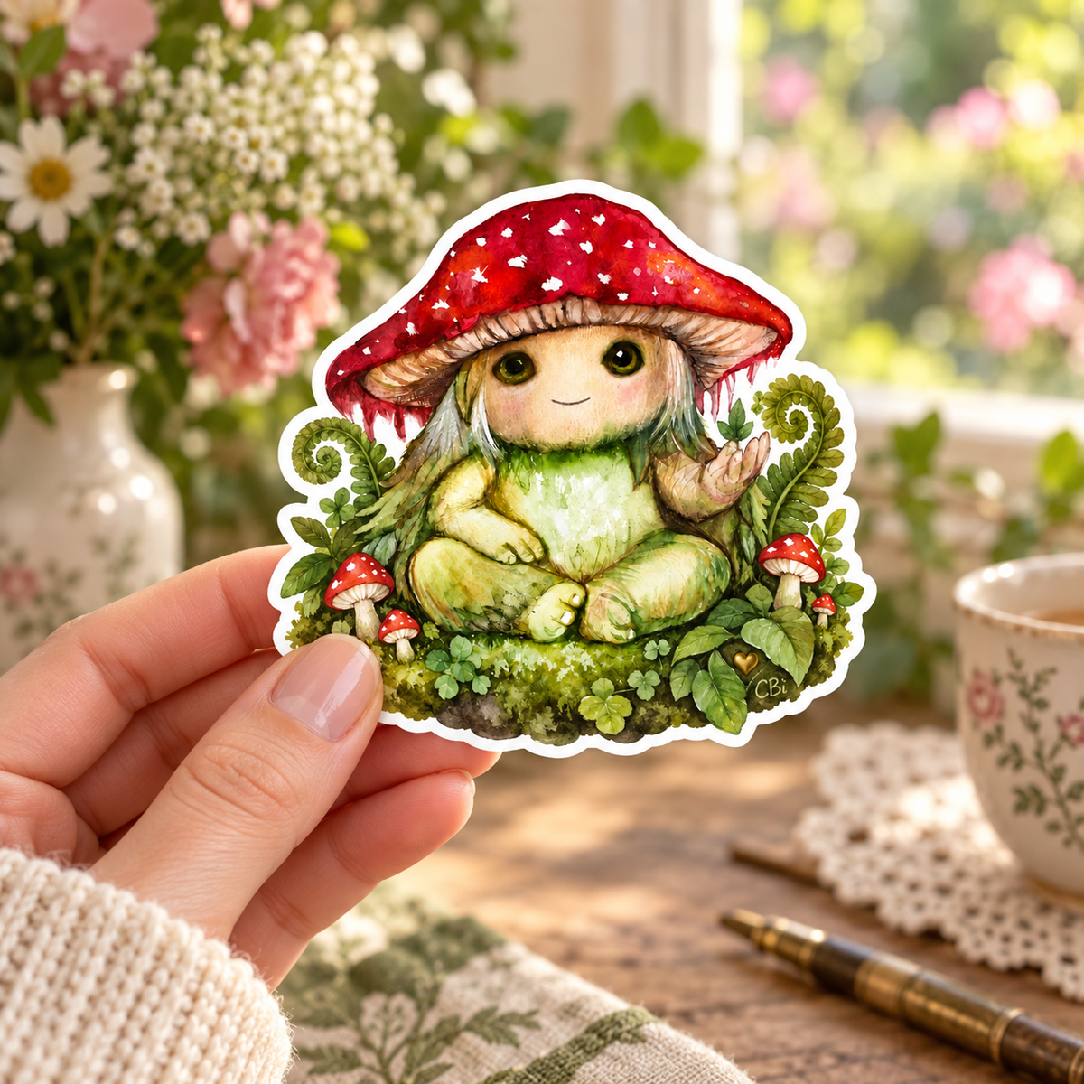 Pippin’s Little Forest Patch sticker held as a single sticker in a hand with a cream knit sleeve, with its gold heart detail.