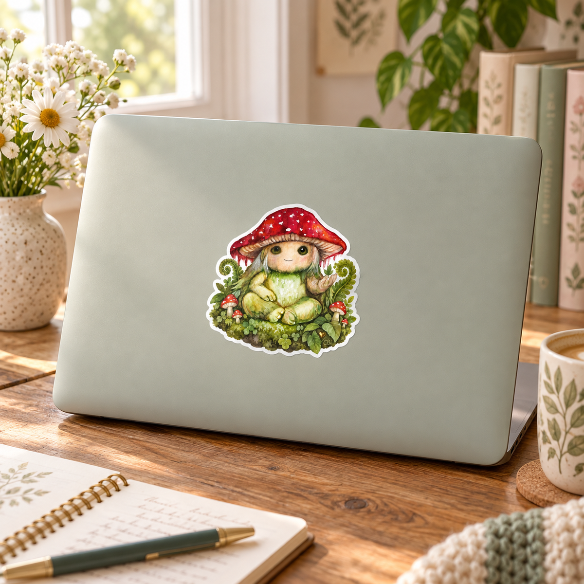 Pippin’s Little Forest Patch sticker on a full-size laptop in a softly lit cottage-style workspace, with its gold heart detail.