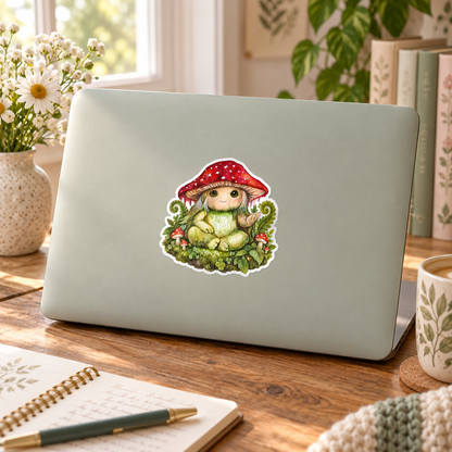 Pippin’s Little Forest Patch sticker on a full-size laptop in a softly lit cottage-style workspace, with its gold heart detail.