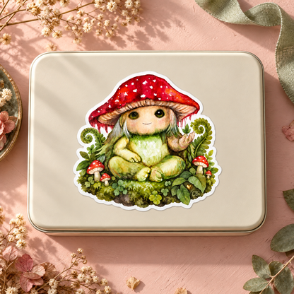 Pippin’s Little Forest Patch sticker on a cream stationery tin in a styled overhead view, with its gold heart detail.