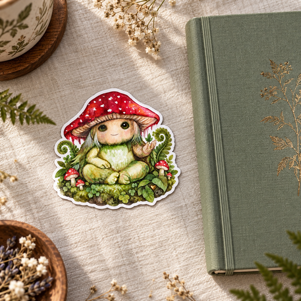 Pippin sticker on cream linen beside a sage journal and fern.