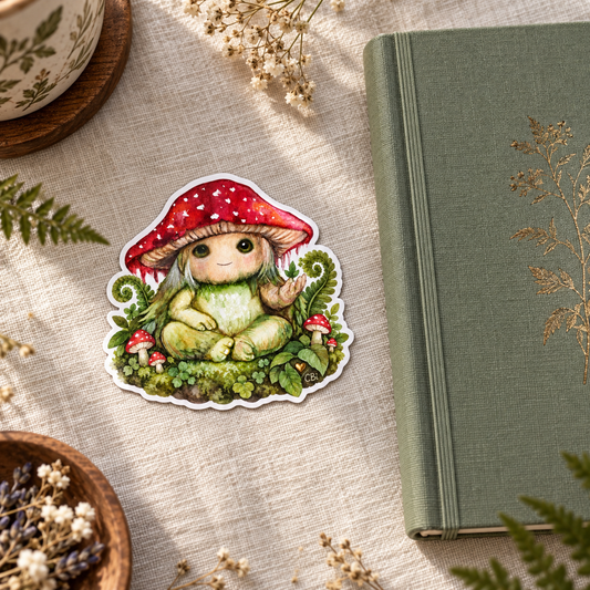 Pippin sticker on cream linen beside a sage journal and fern.