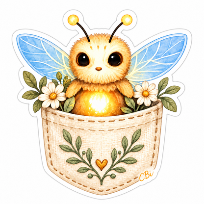 GlowMorrow with blue wings and daisies peeking from a cream botanical pocket with a gold heart.