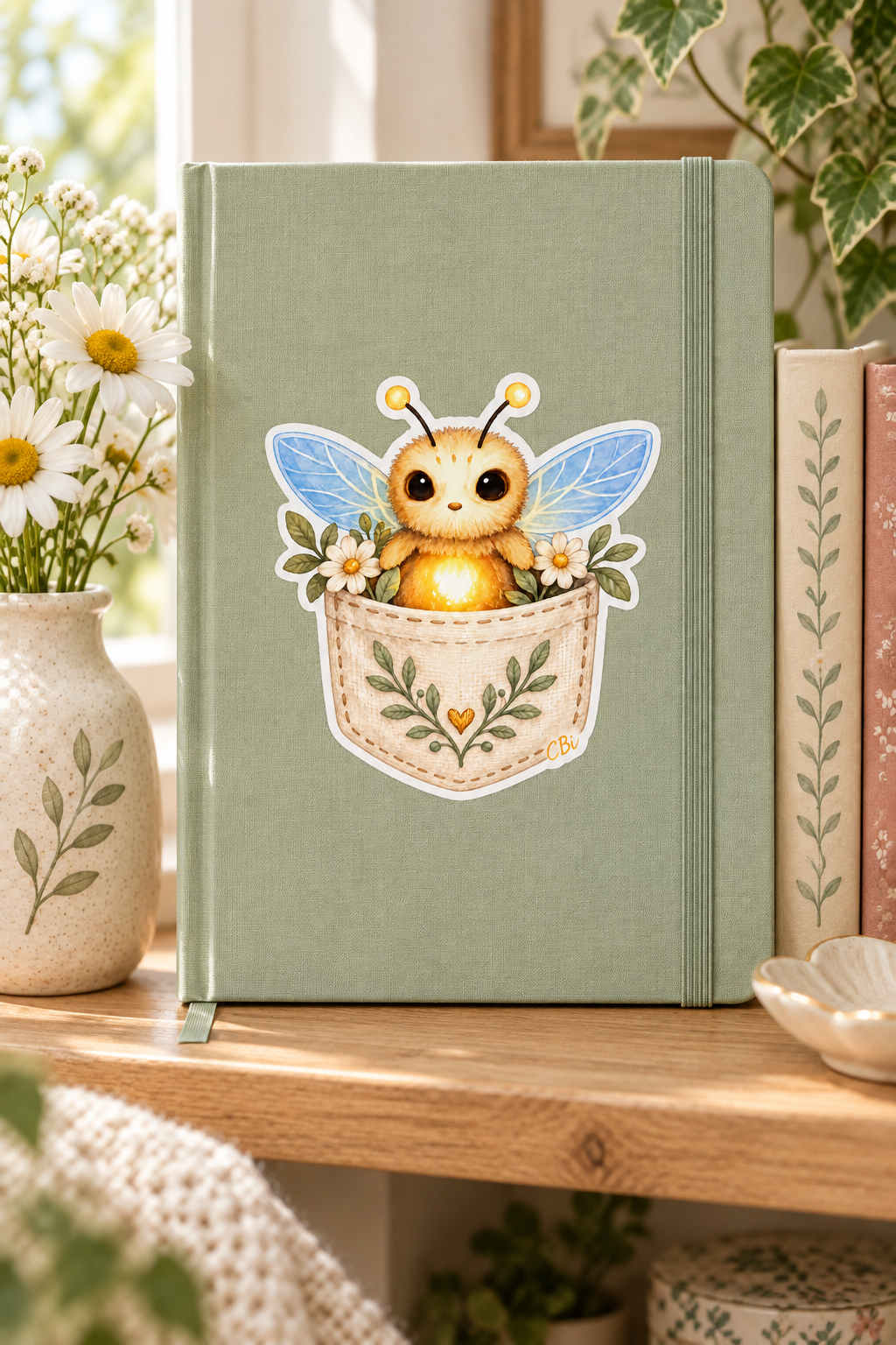 A Pocket of GlowMorrow sticker on an upright sage journal beside daisies, with its gold heart detail.