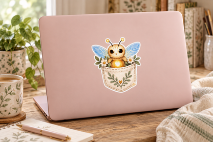 A Pocket of GlowMorrow sticker on a full-size laptop in a softly lit cottage-style workspace, with its gold heart detail.