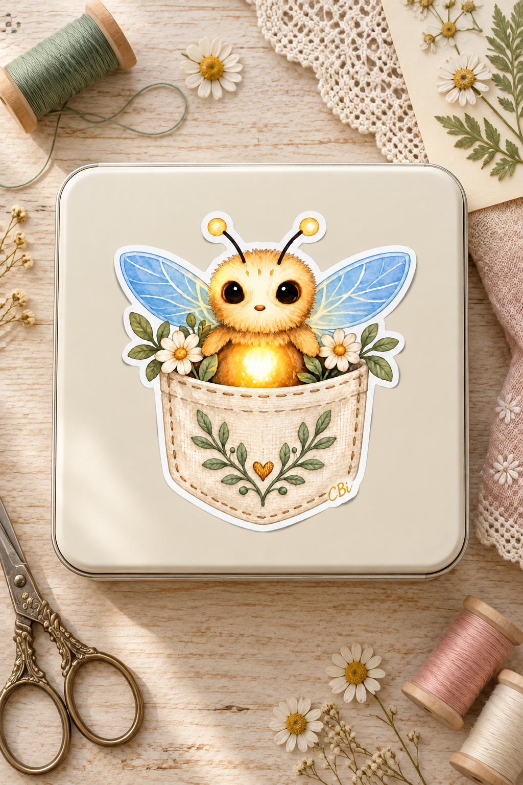 A Pocket of GlowMorrow sticker on a cream stationery tin in a styled overhead view, with its gold heart detail.