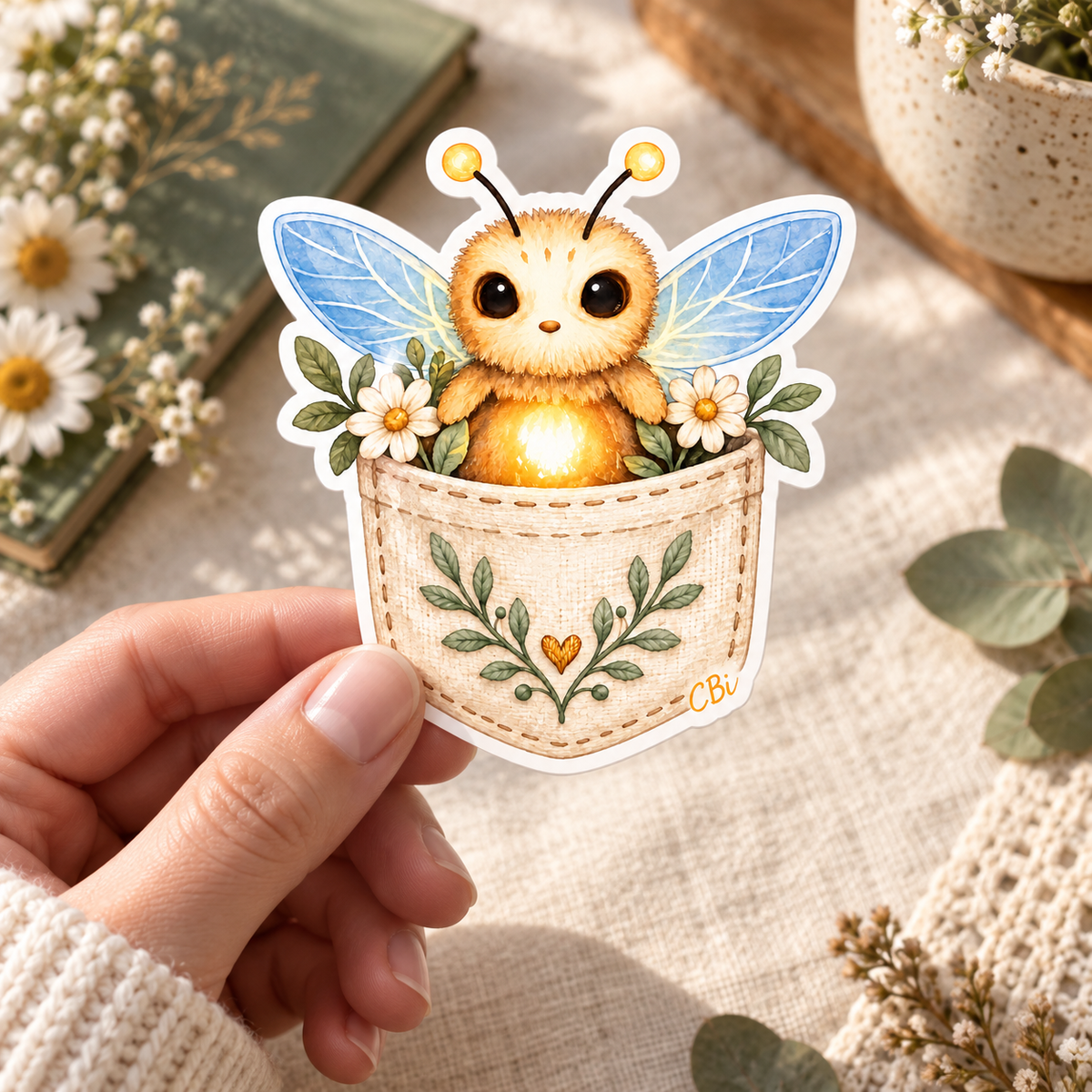 One GlowMorrow pocket sticker held in a hand with a cream knit cuff and flowers behind.