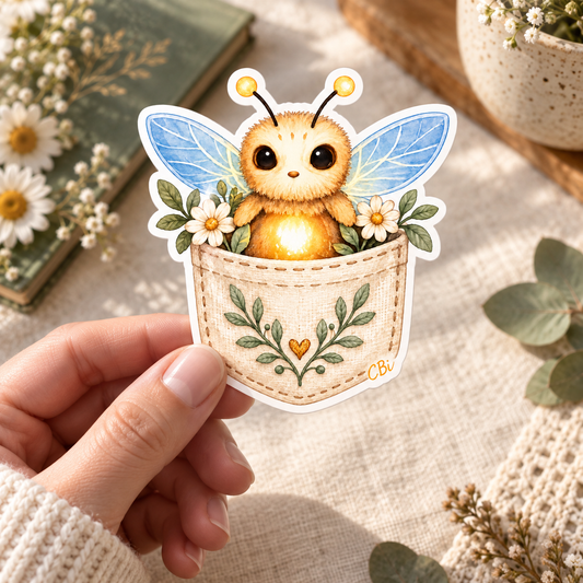 One GlowMorrow pocket sticker held in a hand with a cream knit cuff and flowers behind.
