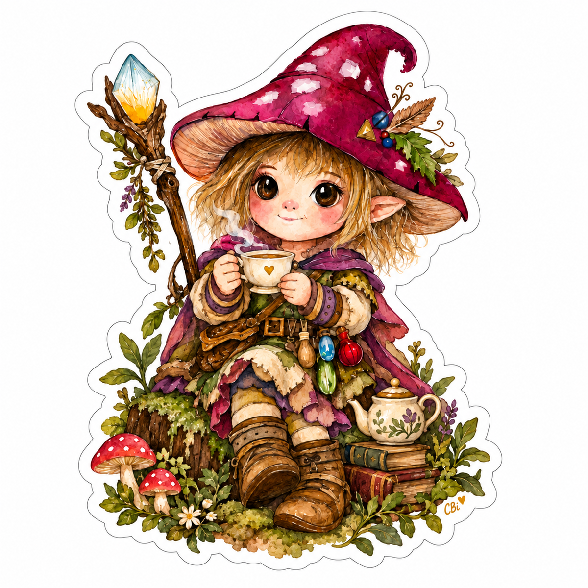 The Little Cottage Witch holding a cup with a gold heart, beside her staff, books, mushrooms and teapot.