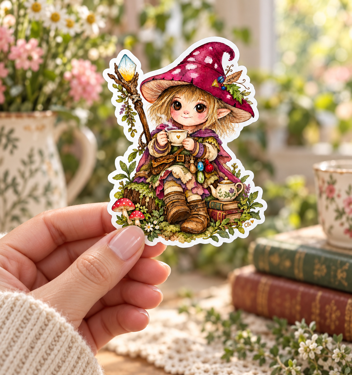 The Little Cottage Witch’s Tea Break sticker held as a single sticker in a hand with a cream knit sleeve, with its gold heart detail.