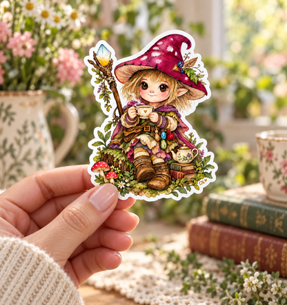 The Little Cottage Witch’s Tea Break sticker held as a single sticker in a hand with a cream knit sleeve, with its gold heart detail.