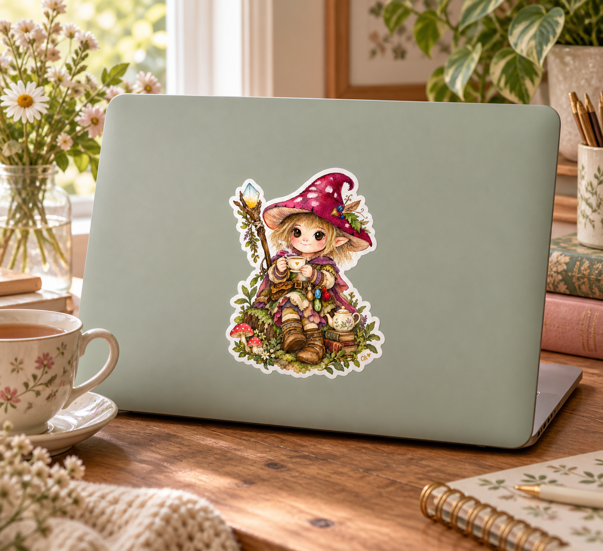 The Little Cottage Witch’s Tea Break sticker on a full-size laptop in a softly lit cottage-style workspace, with its gold heart detail.