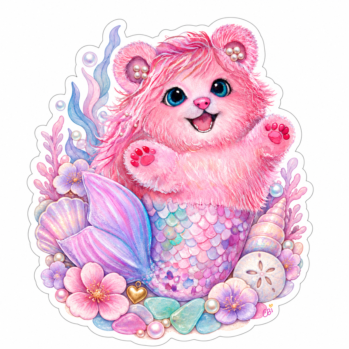 Pink mermaid bear Pearl among pastel shells, sea glass and flowers with a gold heart.