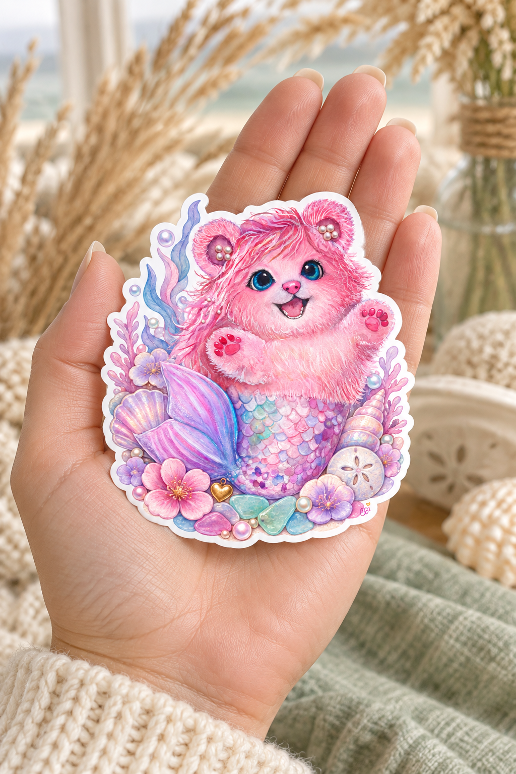 Pearl’s Shell Garden sticker held as a single sticker in a hand with a cream knit sleeve, with its gold heart detail.
