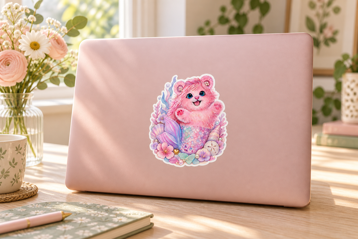 Pearl’s Shell Garden sticker on a full-size laptop in a softly lit cottage-style workspace, with its gold heart detail.