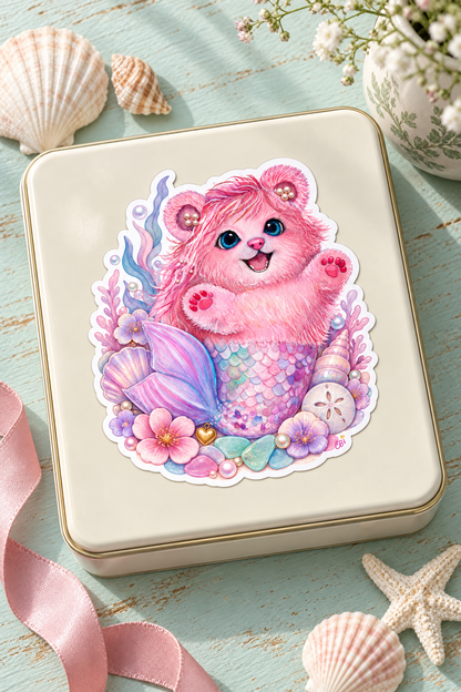 Pearl’s Shell Garden sticker on a cream stationery tin in a styled overhead view, with its gold heart detail.